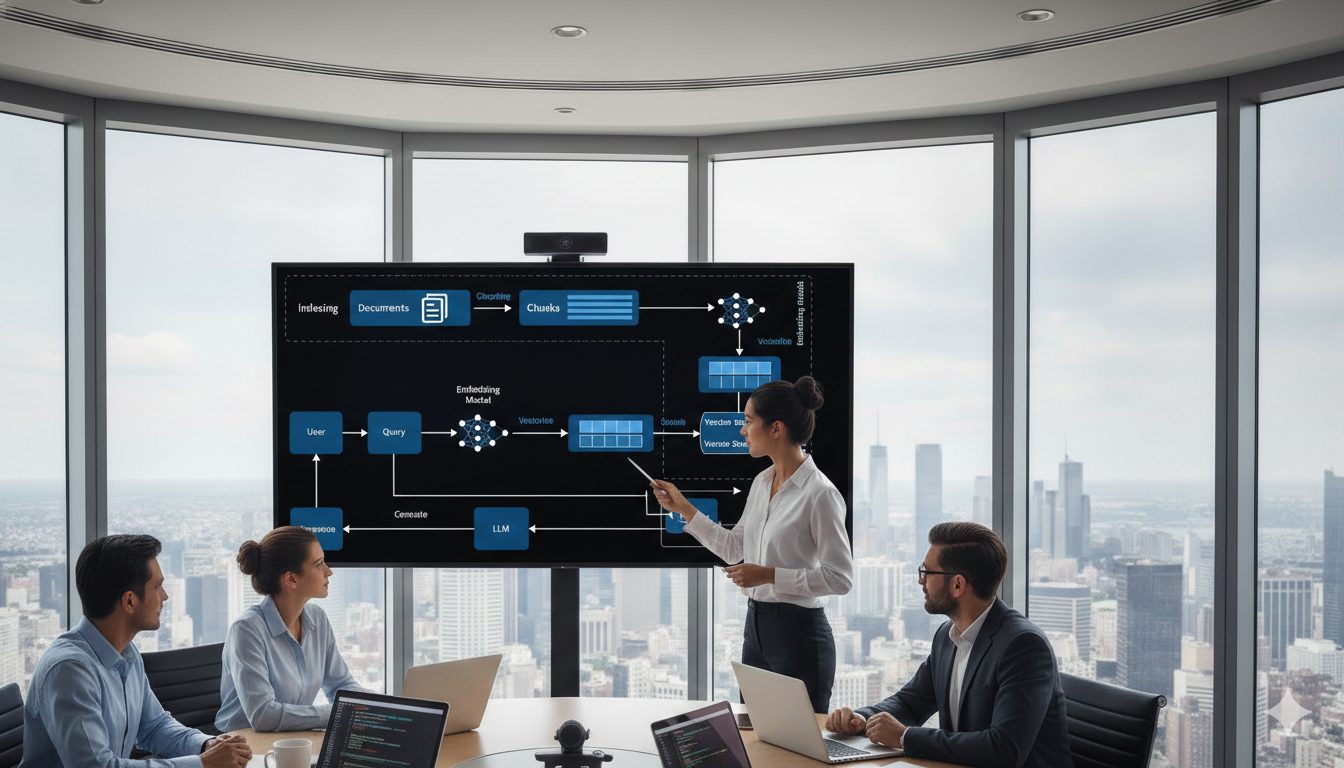 Executive team reviewing AI strategy and analytics in a boardroom meeting